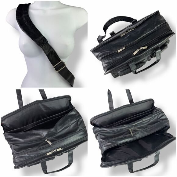 Vintage Briefcase Laptop Travel Bag Distressed Black Leather Rustic Rugged - Picture 6 of 15
